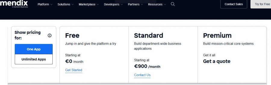 Mendix Pricing Screenshot