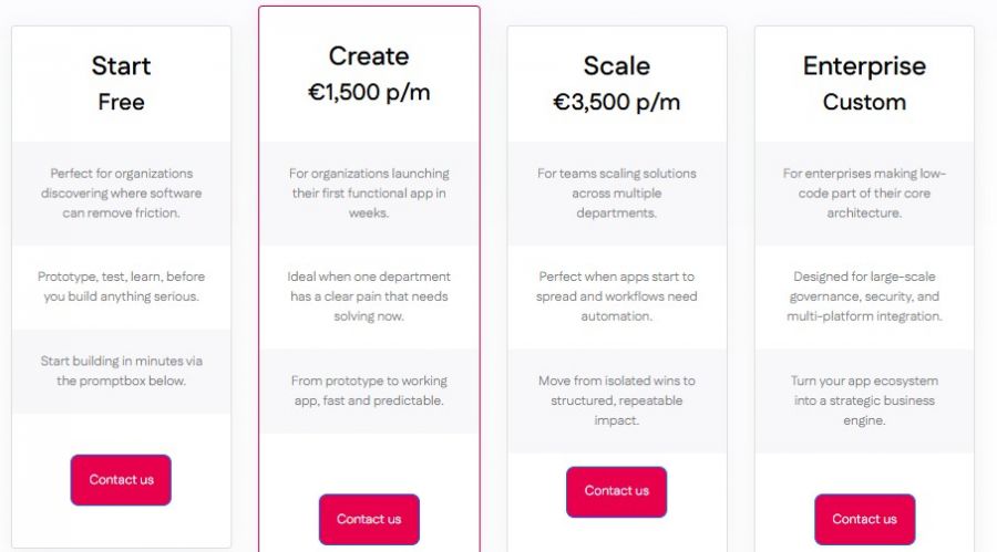 Betty Blocks Pricing Screenshot