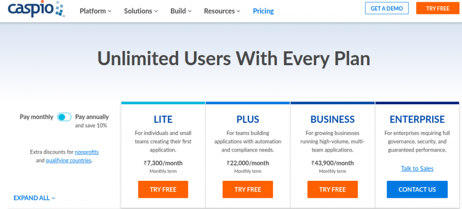 Caspio Pricing Screenshot