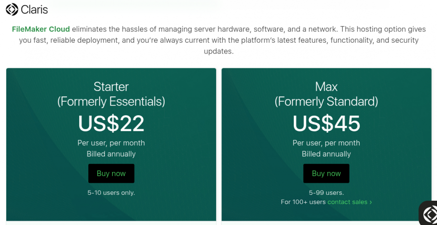 Claris FileMaker Pricing Screenshot