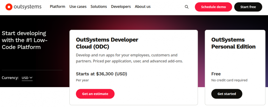 OutSystems Pricing Screenshot
