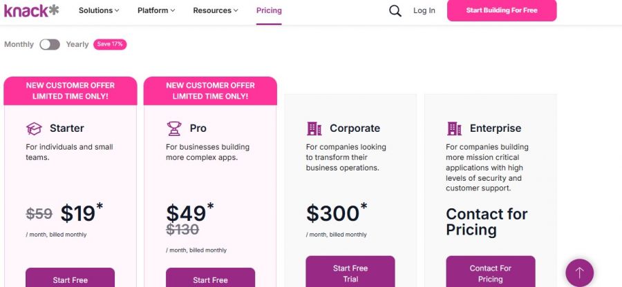 knack Pricing Screenshot