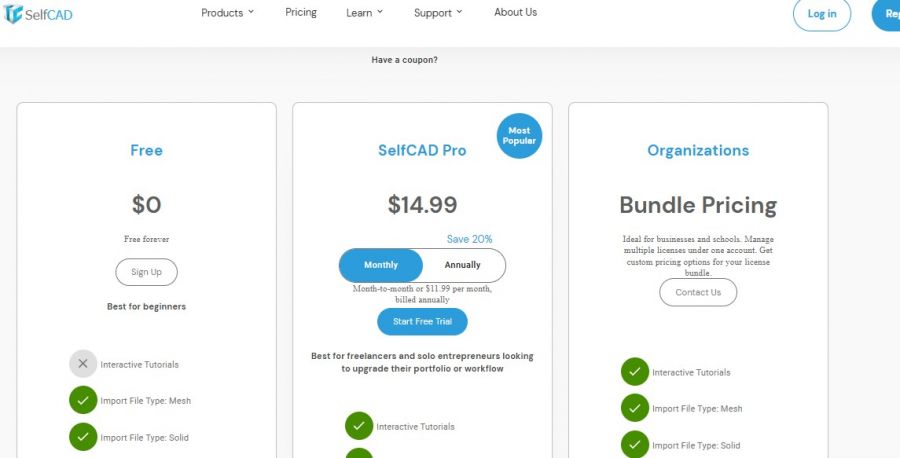 SelfCAD Pricing Screenshot