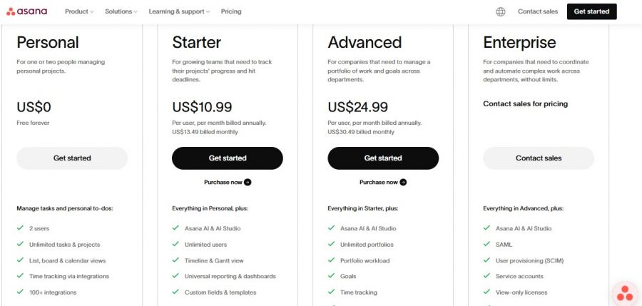 Asana Pricing Screenshot