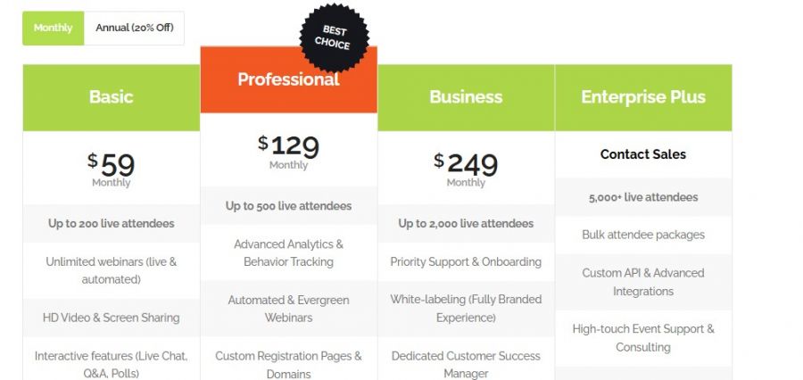 JetWebinar Pricing Screenshot