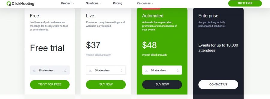 ClickMeeting Pricing Screenshot