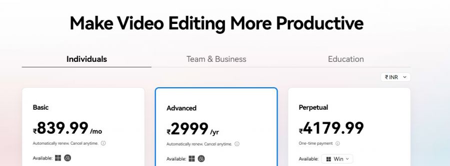 Filmora Pricing Screenshot