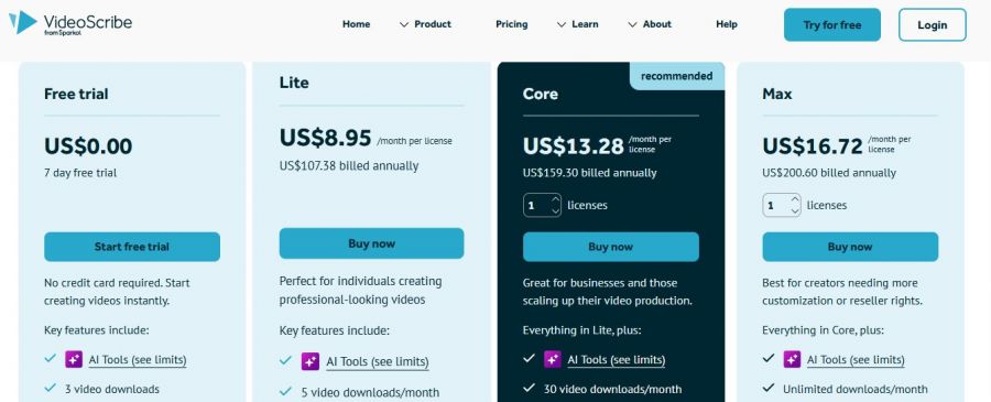 VideoScribe Pricing Screenshot