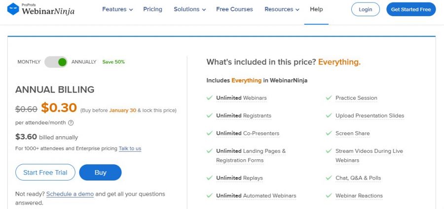 WebinarNinja Pricing Screenshot