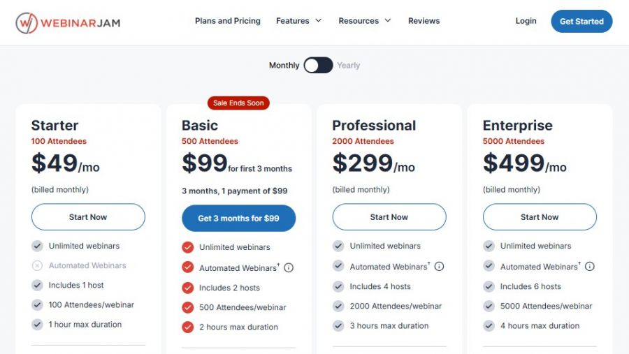 WebinarJam Pricing Screenshot