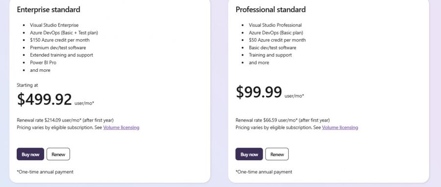 Visual Studio Pricing Screenshot