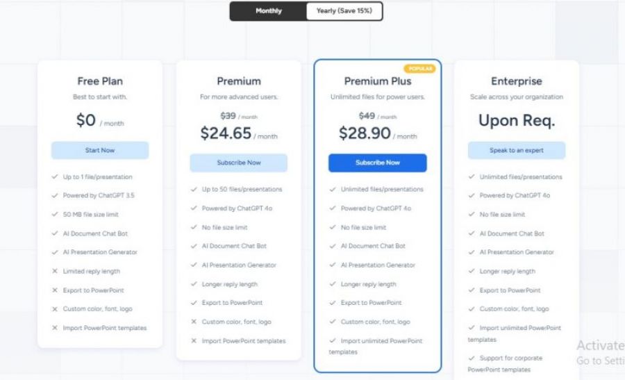 SlideSpeak Pricing Screenshot