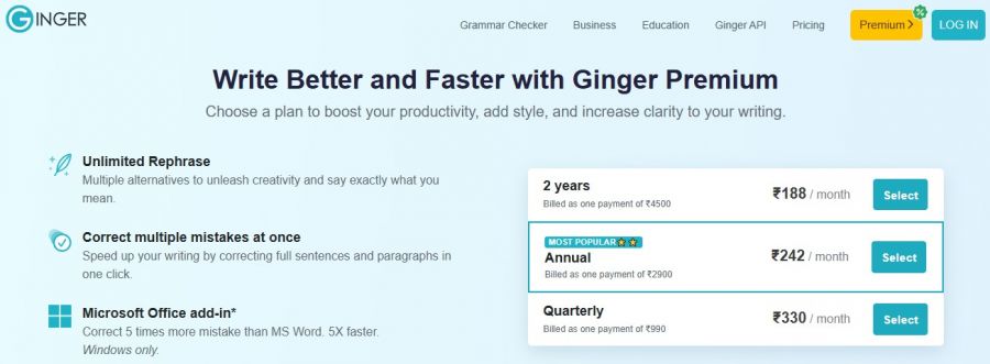 Ginger Pricing Screenshot