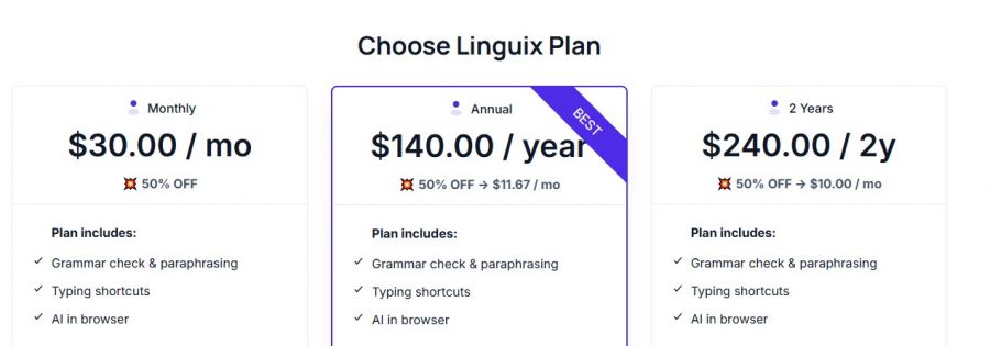 Linguix Pricing Screenshot