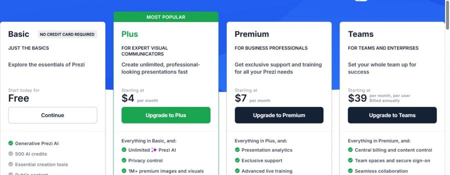 Prezi Pricing Screenshot