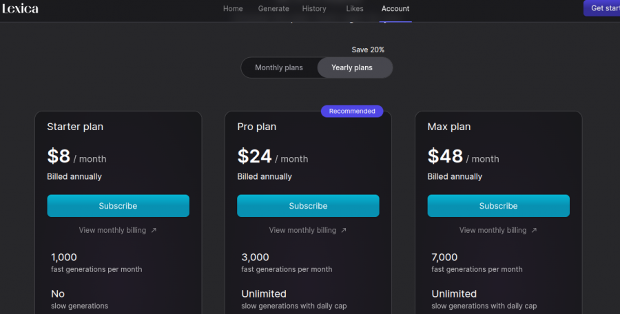 Lexica.art Pricing Screenshot