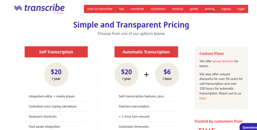 Transcribe Pricing Screenshot