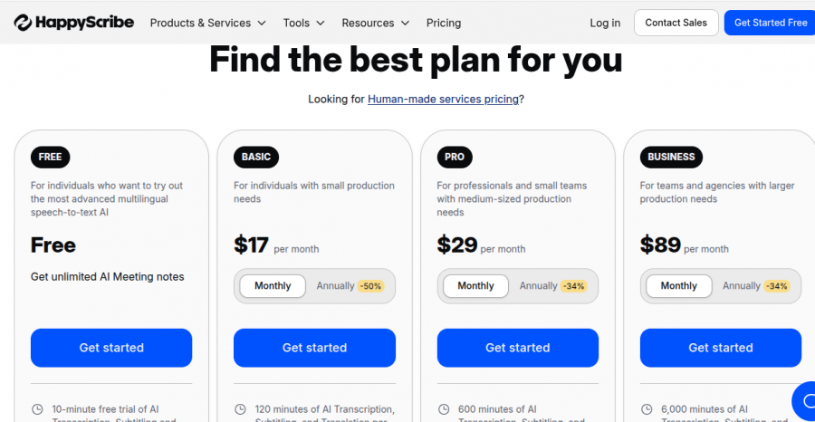 Happy Scribe Pricing Screenshot