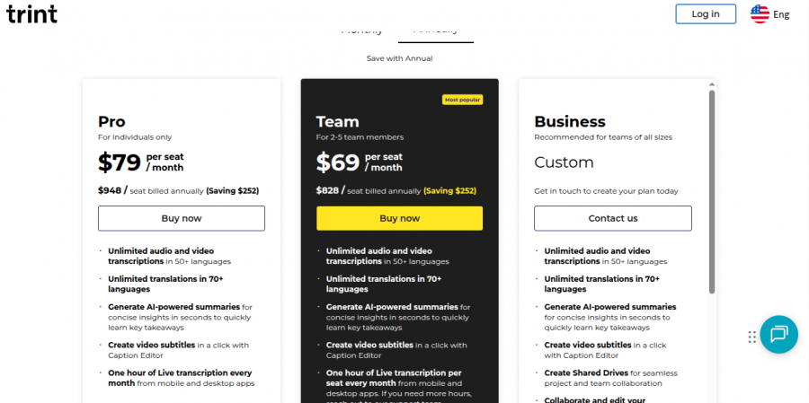 Trint Pricing Screenshot