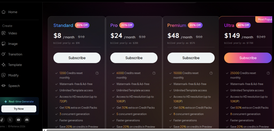 PixVerse Pricing Screenshot