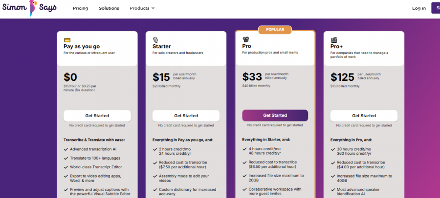 Simon Says Pricing Screenshot