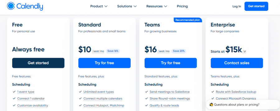 Calendly Pricing Screenshot