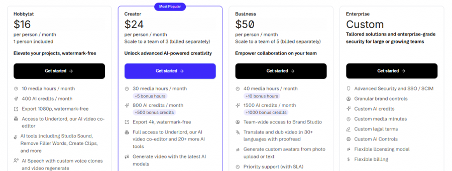 Descript Pricing Screenshot