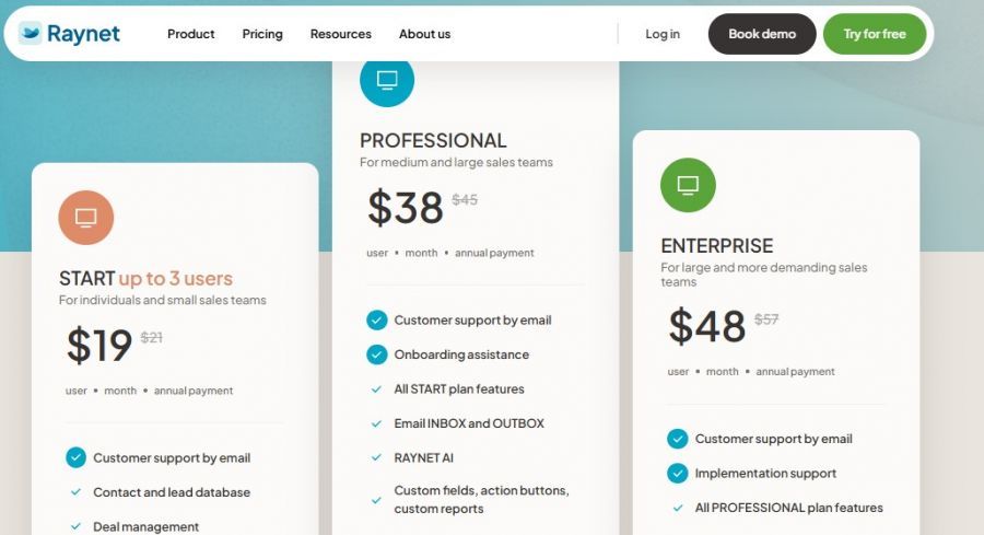 RAYNET CRM Pricing Screenshot