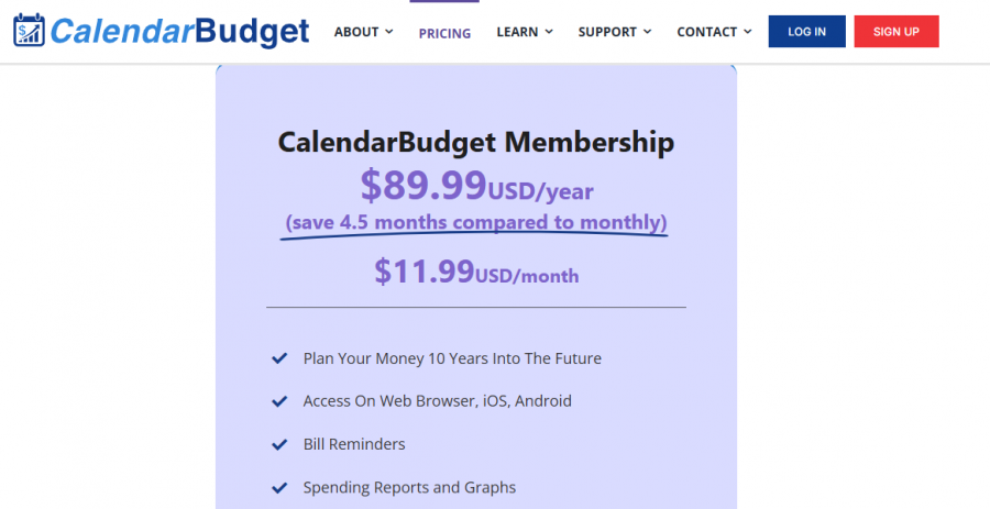 CalendarBudget Pricing Screenshot