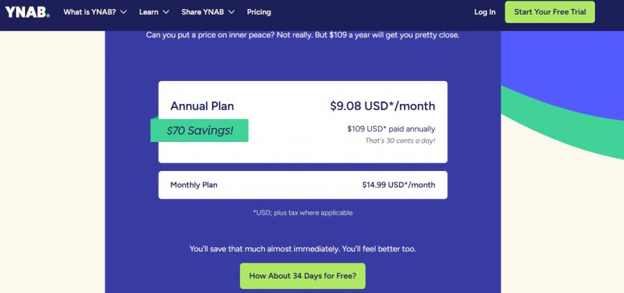 YNAB Pricing Screenshot