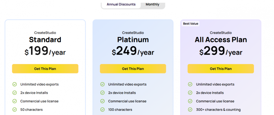 CreateStudio Pricing Screenshot
