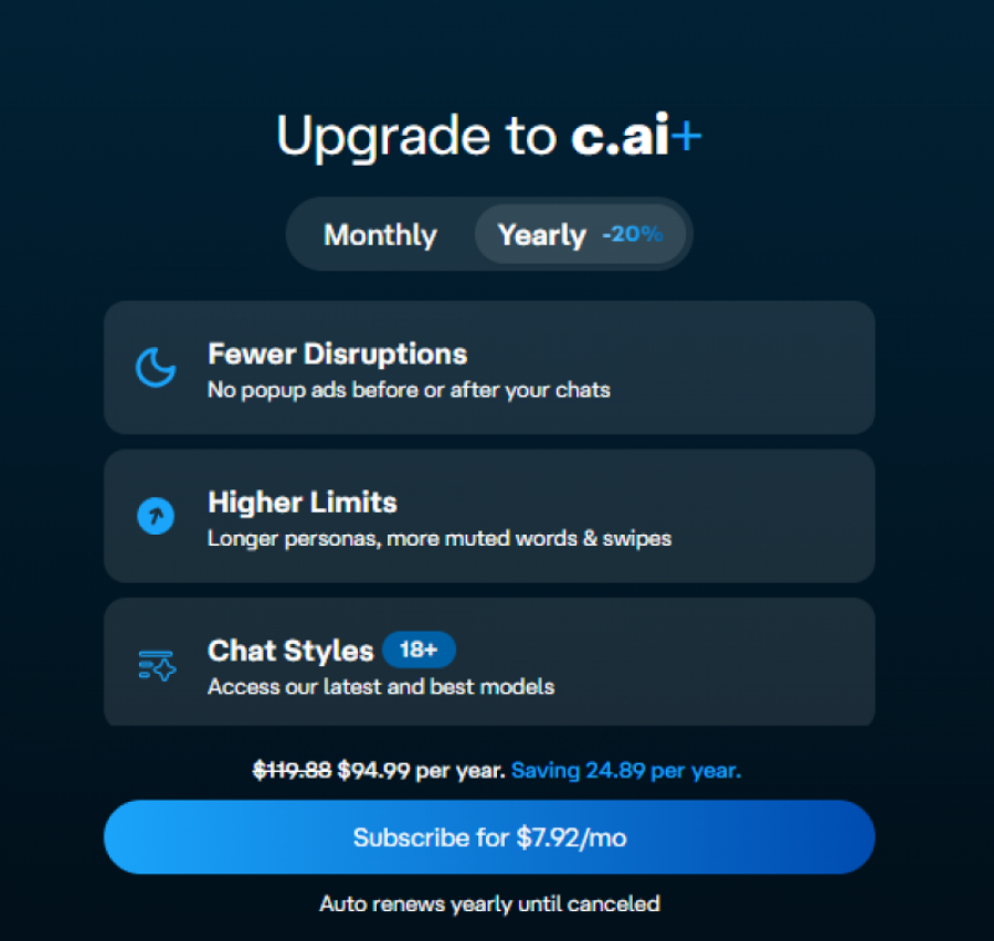 Character.AI Pricing Screenshot