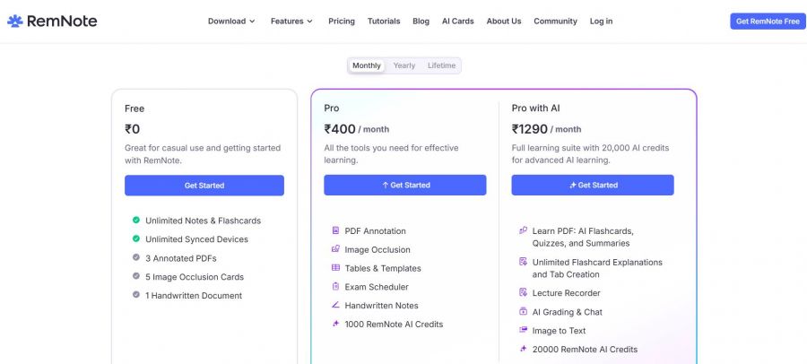 RemNote Pricing Screenshot