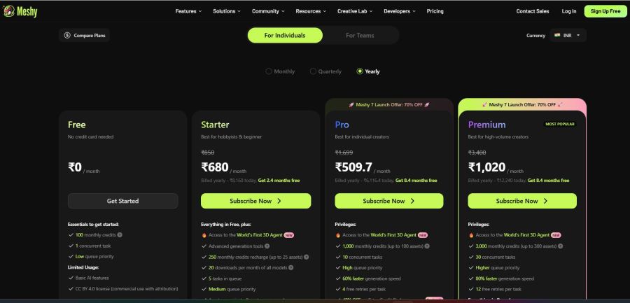 Meshy Pricing Screenshot
